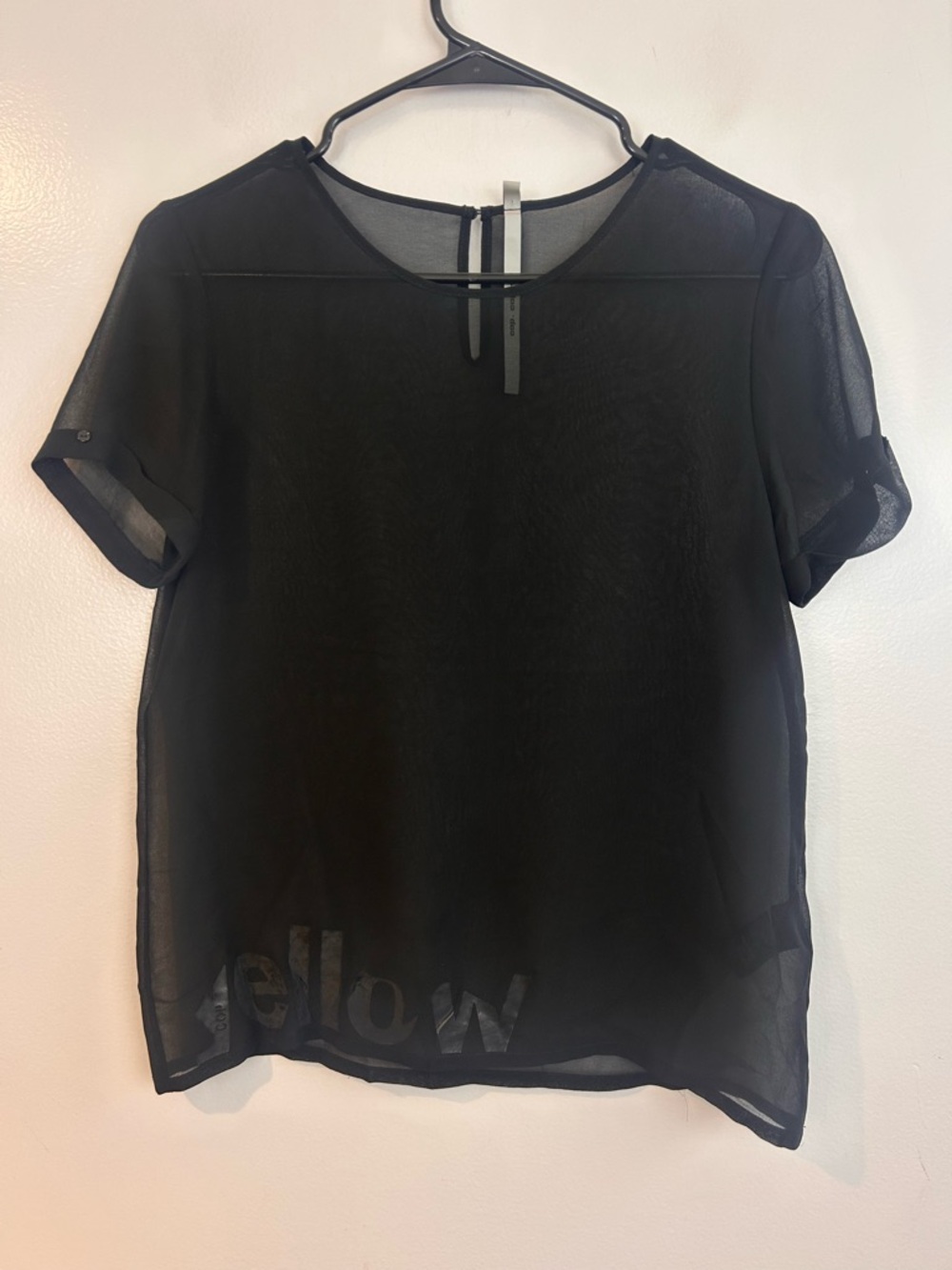Cop Copine Sintra Black Sheer Short Sleeve Pullover Top Yellow Logo Size Small
